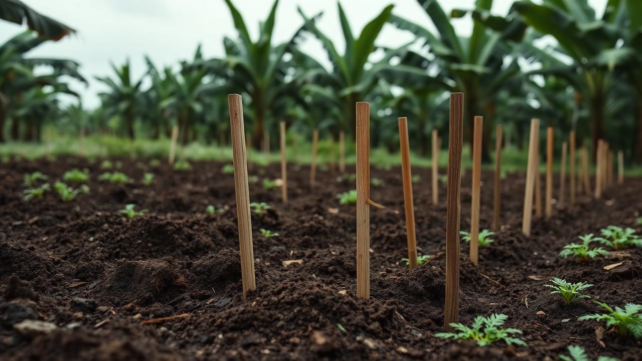 Parcelle de jardin familial en zone bananière antillaise, sol travaillé et piquets