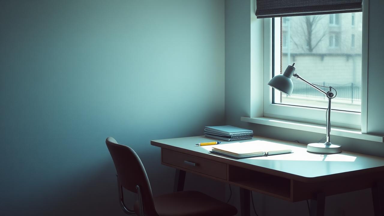 Bureau de travail scolaire ordonné près d'une fenêtre, cahiers et lampe