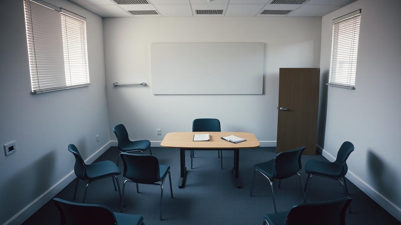Salle de réunion sobre avec chaises disposées en cercle et documents imprimés