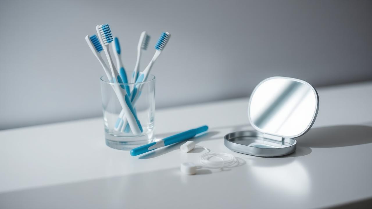 Brosses à dents dans un verre, fil dentaire et petit miroir sur une surface claire
