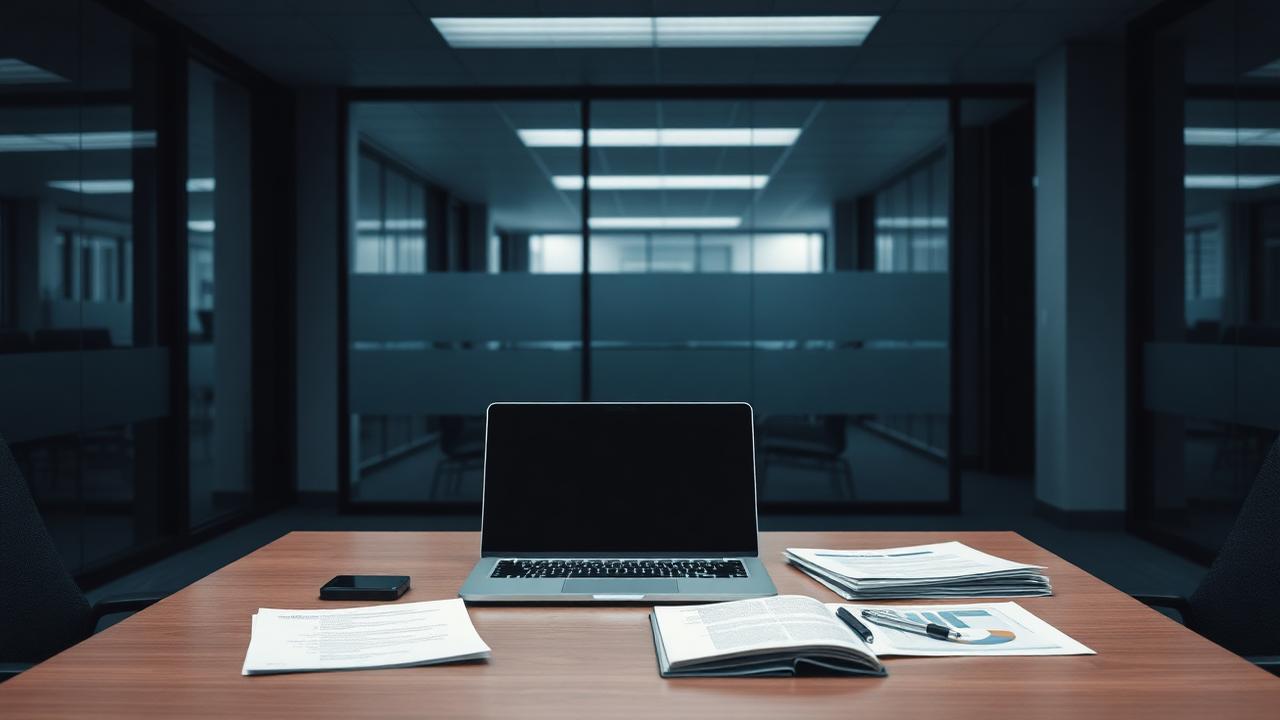 Poste de travail de bureau inoccupé avec ordinateur portable fermé et rapports imprimés