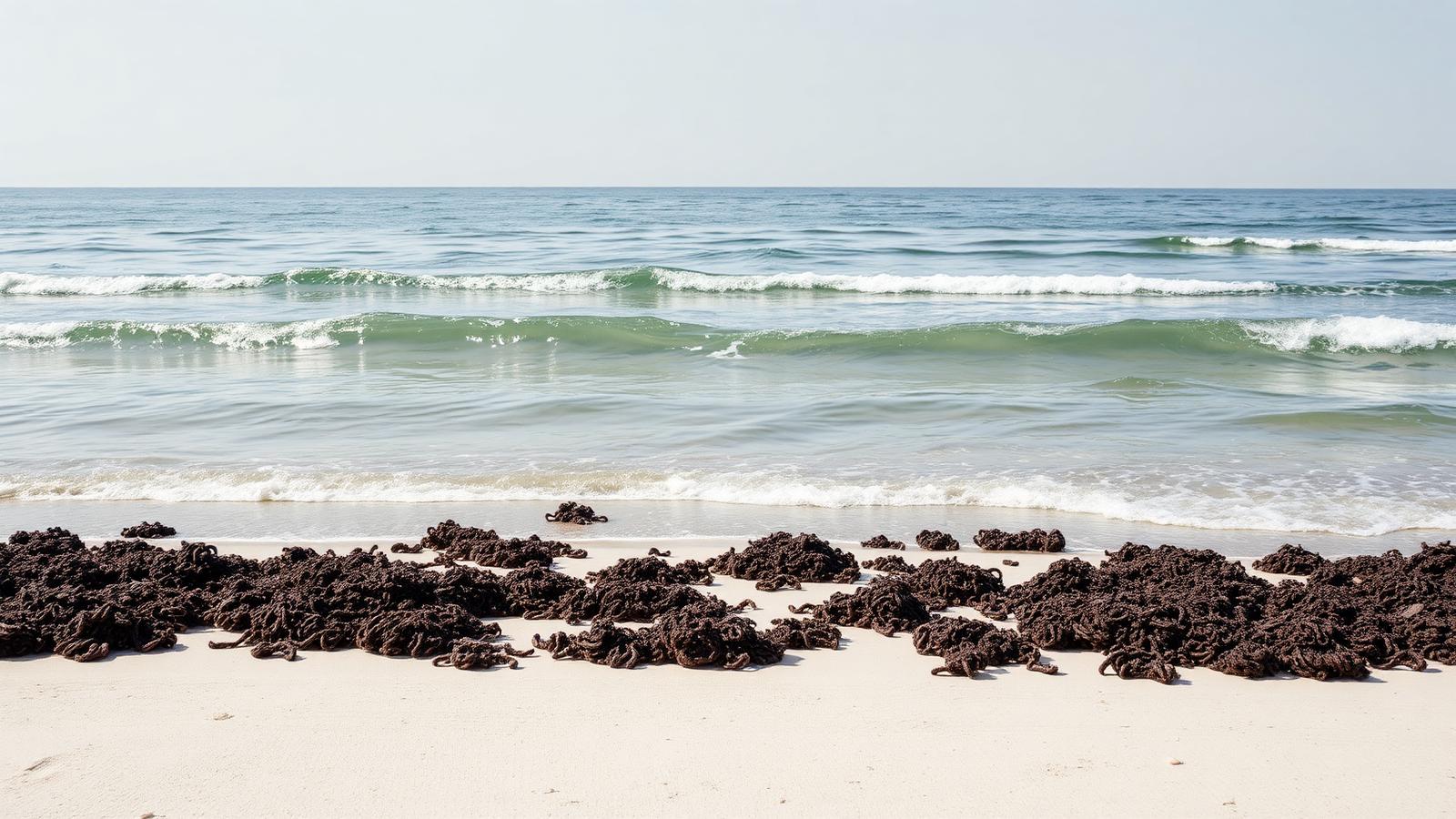 Algues sargasses échouées sur une plage tropicale, mer calme à l'arrière-plan